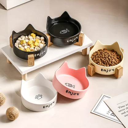 Porcelain cat bowl with cat ear design in 2-in-1 configuration for food and water
