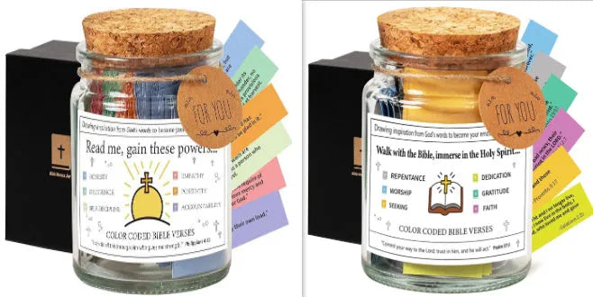 Glass Bible verses jar with cartoon design containing 90 rolled scripture papers in multiple colour options