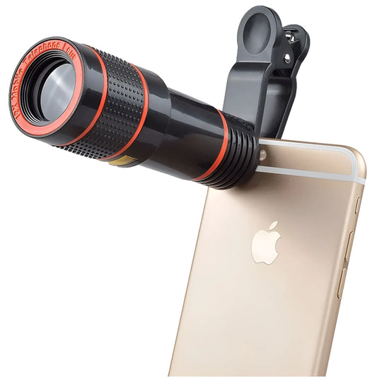 12X magnification black phone telescope lens extended next to a smartphone with mounting clip