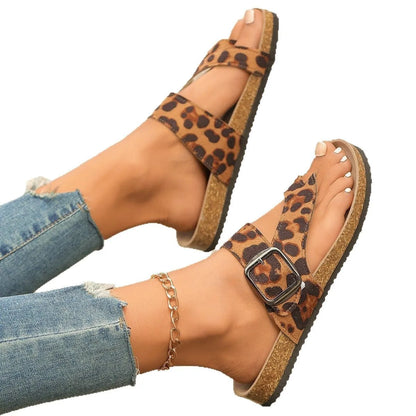 Leopard print Roman style slippers with wooden sole and round toe design