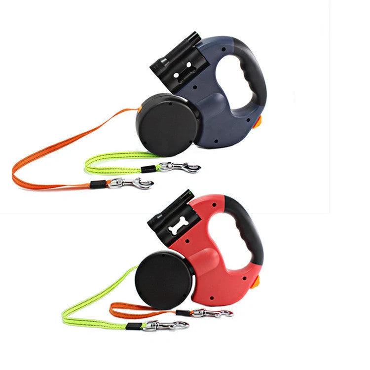 Dual-headed retractable dog leash with LED flashlight for walking two dogs safely at night