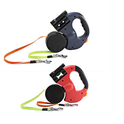Dual-headed retractable dog leash with LED flashlight for walking two dogs safely at night