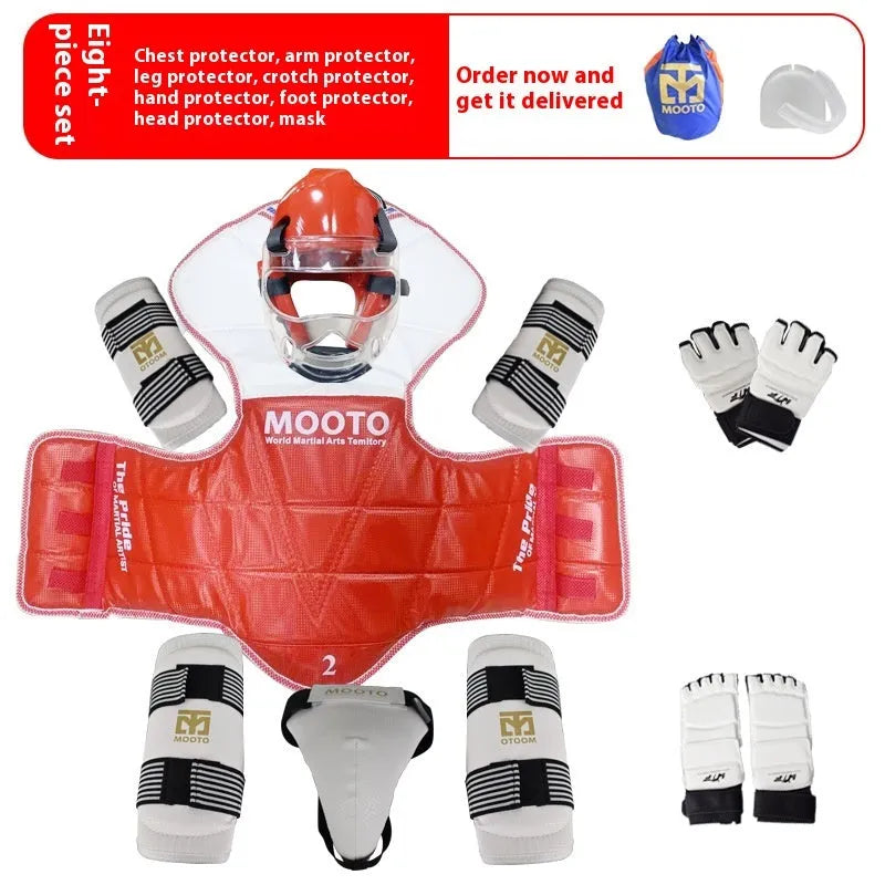 Taekwondo protective gear set in red or blue with four to eight pieces and sizes from 110cm to 190cm