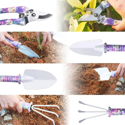 Purple-handled 10-piece rust-proof gardening tool set with anti-rust coating