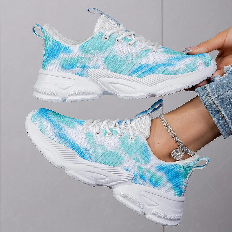 Casual Flower Sneakers Flat Large Size Upturned Lace-up Flyknit Upper Mesh Lining Breathable Low Top Round Toe MD Sole Available in White Blue Rose Red Purple Sizes 36-42
