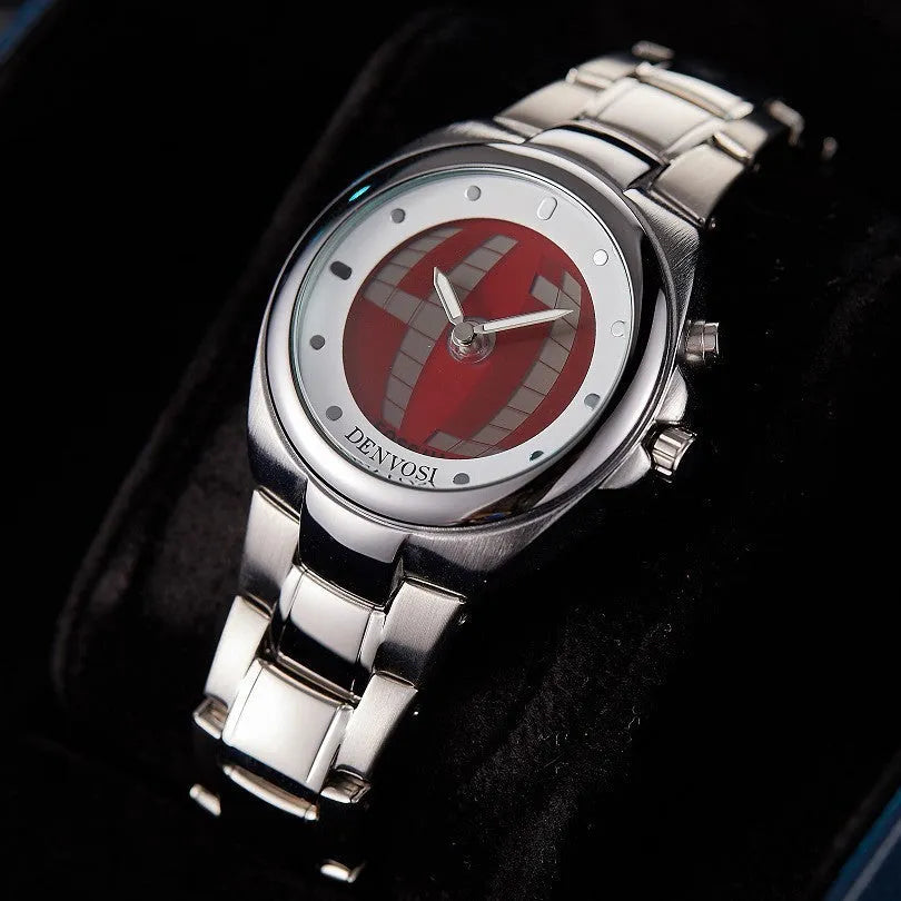 Men's Y2K style digital dual display watch with red face and alloy strap
