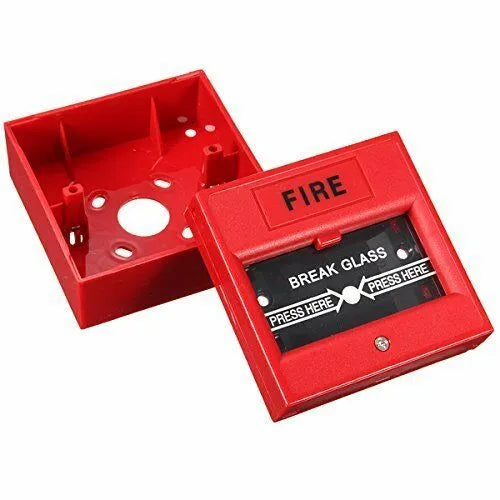 Red 24VDC wired emergency fire alarm button with hand breaking glass and fireproof material construction.