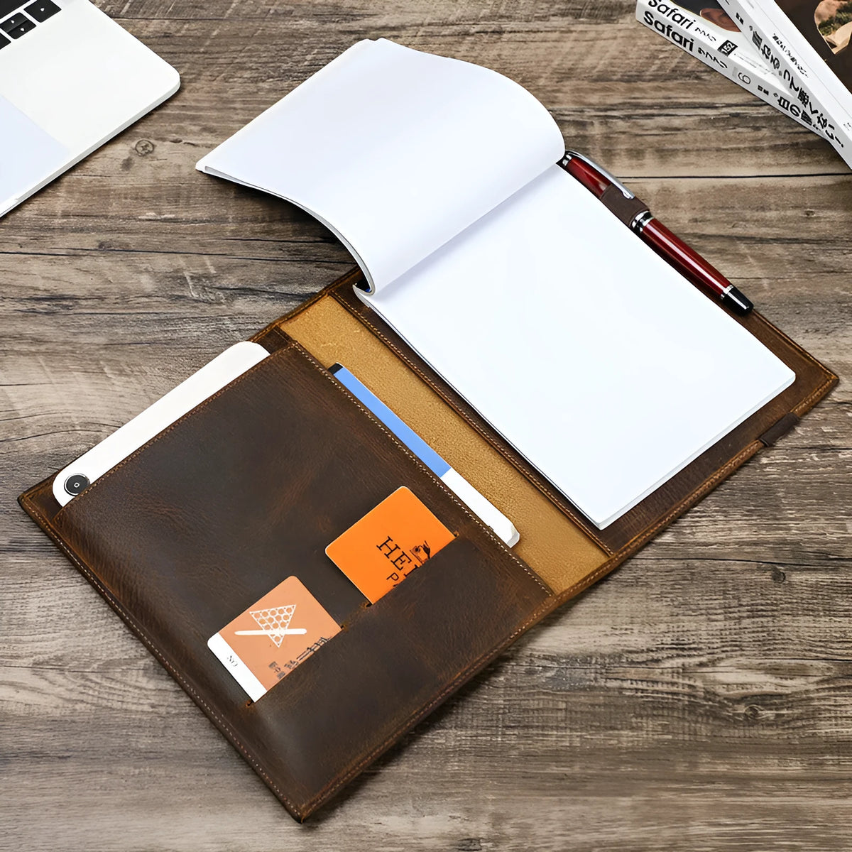 Brown Crazy Horse leather A5 notebook protective sleeve with square shape and socket style opening
