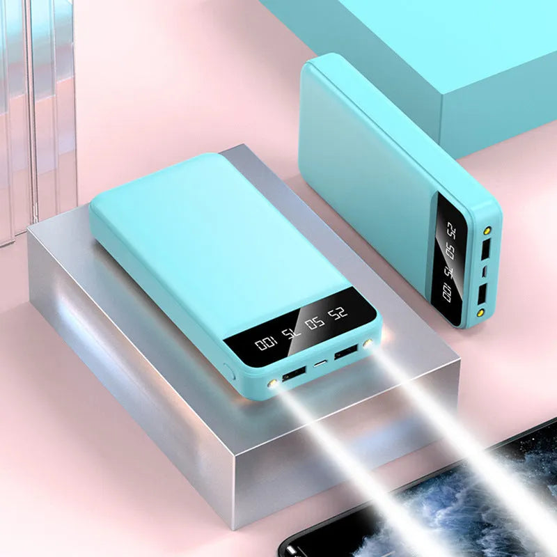 20000 MA power bank in black, white, pink, or blue colours, showing USB ports and compact size.