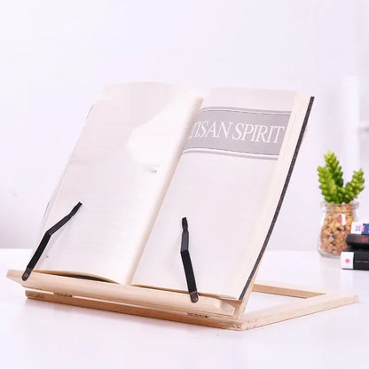 Large wooden reading book easel in pine with iron clamp, 31x24 cm, holding an open book on a desk