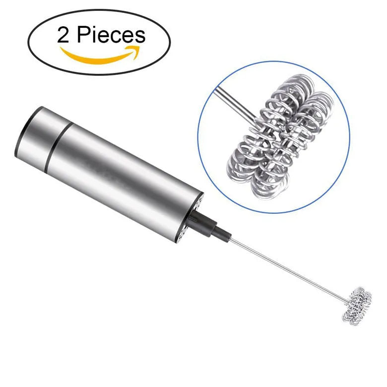 Silver handheld electric milk frother with detachable stainless steel whisk head