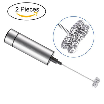 Silver handheld electric milk frother with detachable stainless steel whisk head