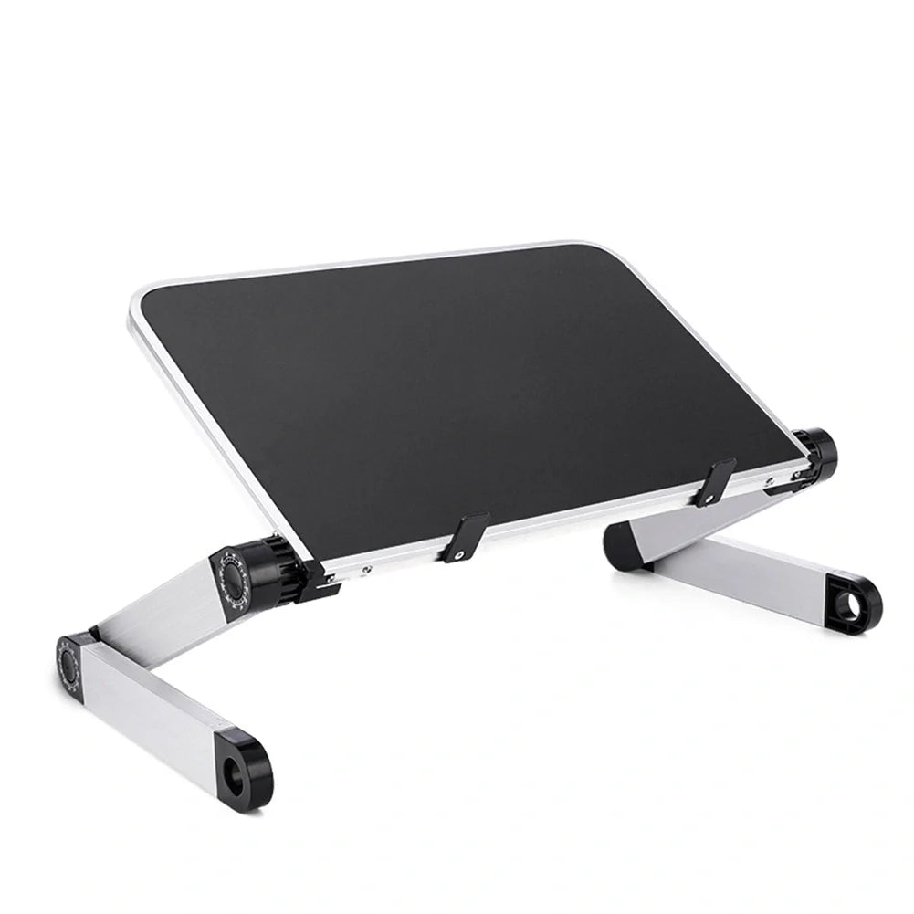 Adjustable foldable laptop stand in black and white, supporting ergonomic posture for laptops and tablets