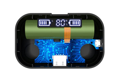 Black X11 true wireless Bluetooth earbuds with touch controls and a matching charging case.