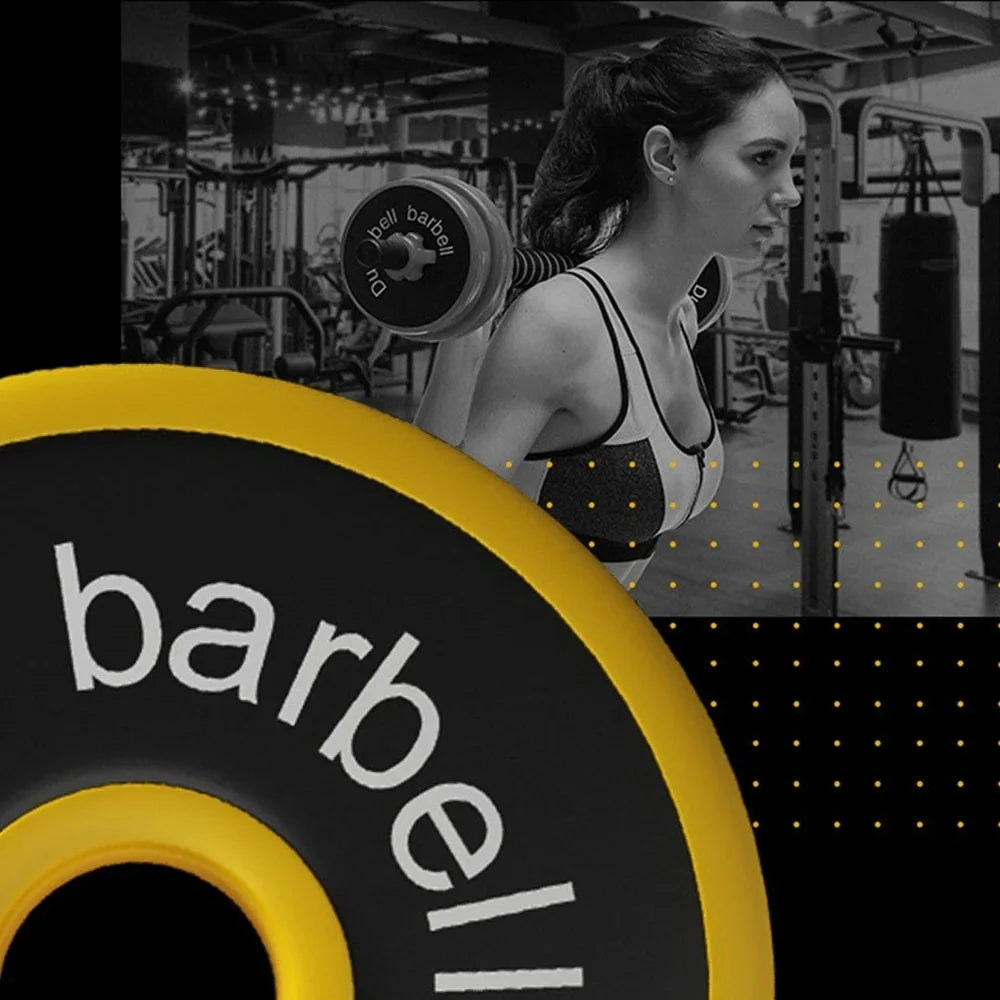 Yellow adjustable dumbbell barbell set with weight plates and connecting rod for home gym