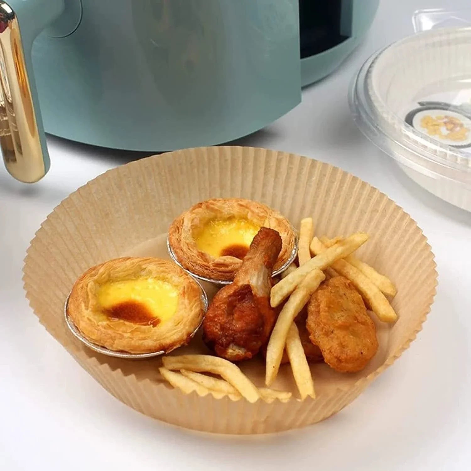 Disposable air fryer liners made from high-quality parchment paper, designed to keep your air fryer clean and your meals healthy