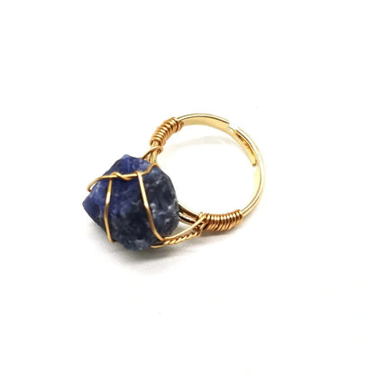 Adjustable hand-wrapped rough stone agate ring in various colours with ethnic design