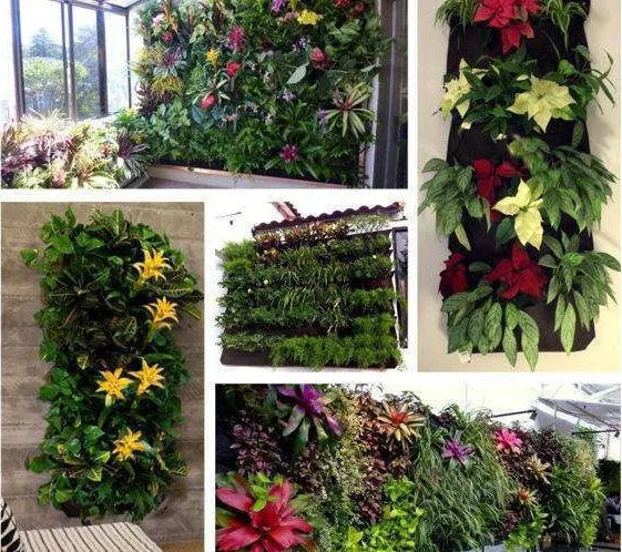 Vertical wall garden planter with multiple planting pockets made from recycled felt material