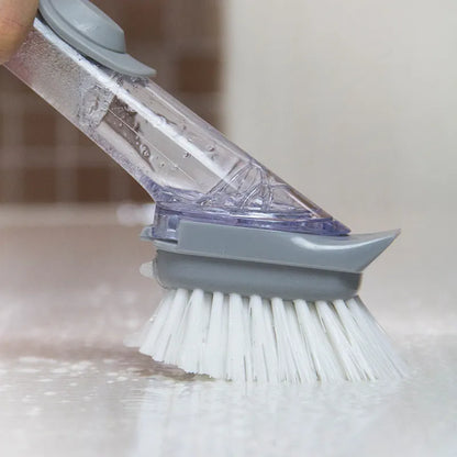 Long-handled 2-in-1 kitchen cleaning brush with removable brush head and integrated sponge