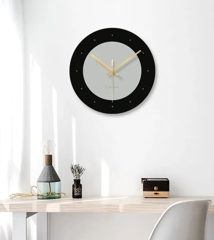Large transparent tempered glass minimalist wall clock showing silent movement and included mounting hook.
