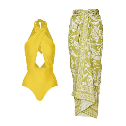 Women's halter neck one-piece swimsuit with detachable skirt in solid colour