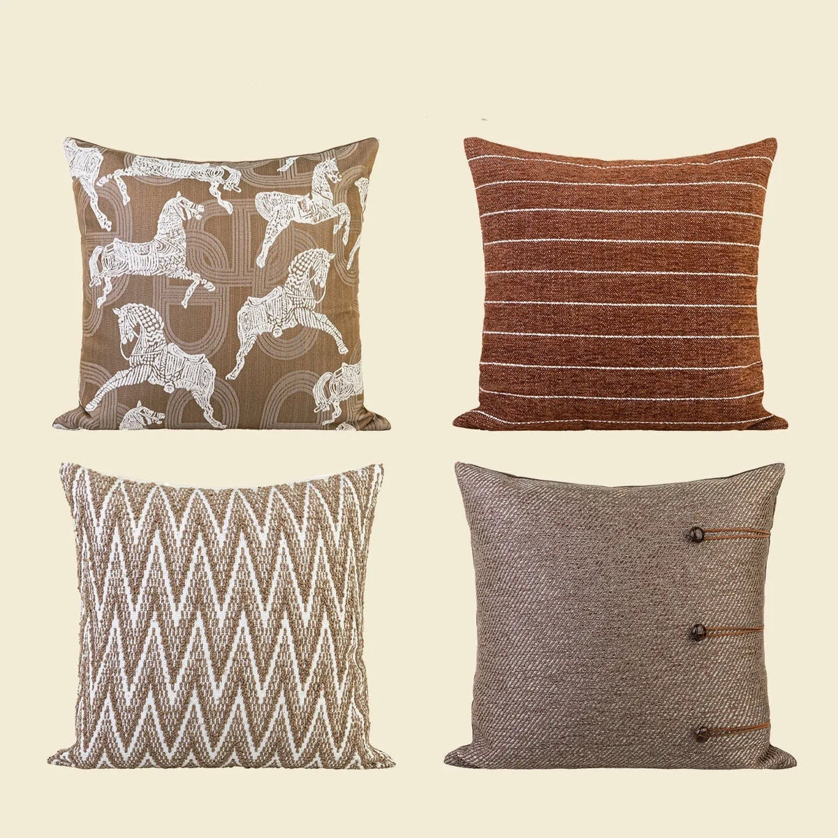 Chinese ancient style 45cm square cushion with geometric pattern in feather velvet, brown colour variations