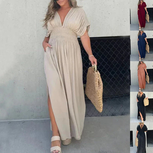 Elegant bat-sleeve v-neck slit dress in a variety of summer colors, featuring a flattering silhouette and comfortable polyester fabric