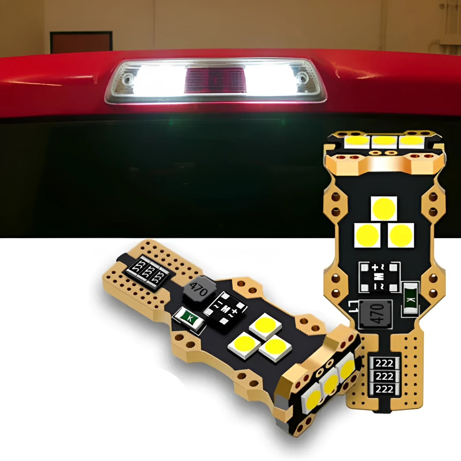 T15 automotive reverse light bulb with white PVC construction and 6000K white light output