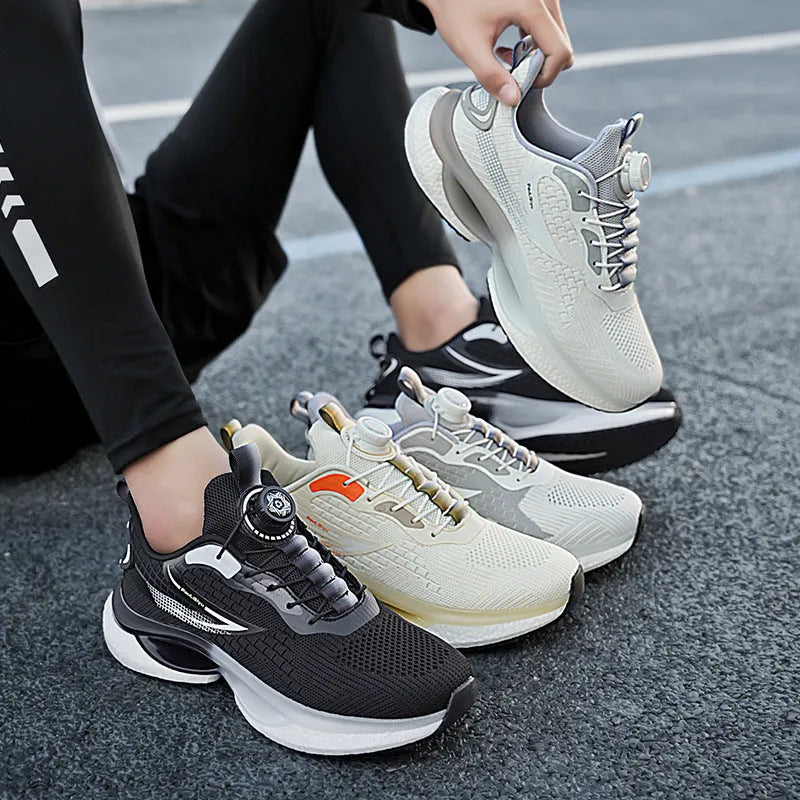 Men's white low-top running sneakers with a buckle fastener and mesh upper.