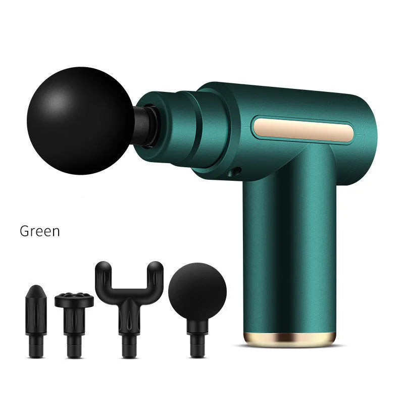 Black electric muscle massage gun with four different coloured massage heads on a grey background.