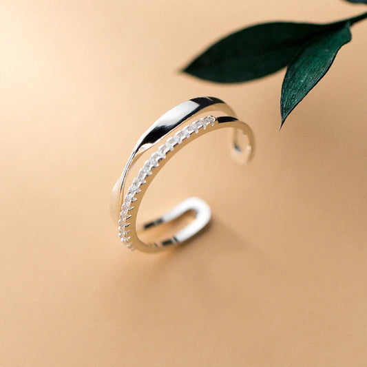 Adjustable S925 silver twisted double row ring with Korean-inspired design
