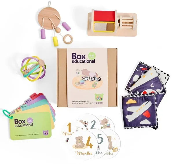 Wooden Montessori rattle toy with black and white cards, ball chime, and colour box for children aged 4-6 years