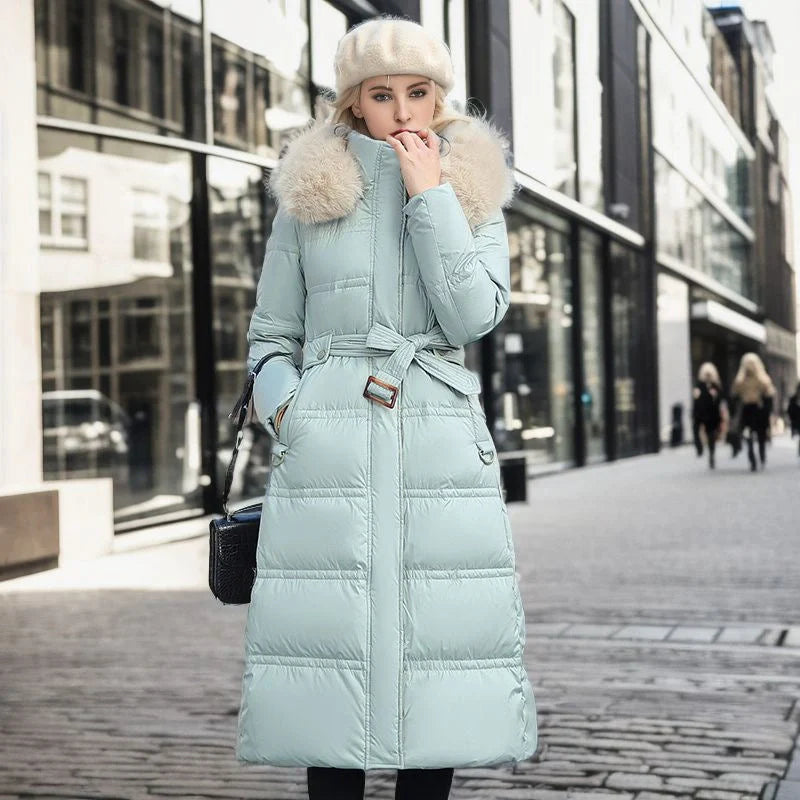 Women's stylish winter coat with fur hood and belt in various colors