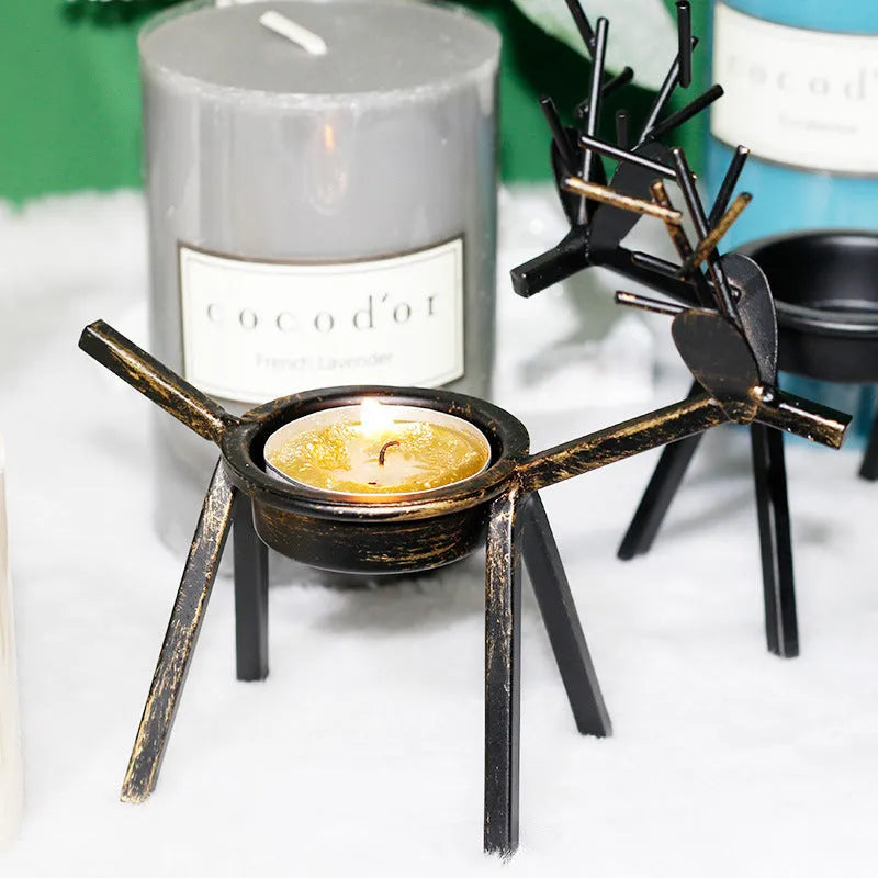Black iron Christmas deer candlestick holder with elk bracket design for festive candle display