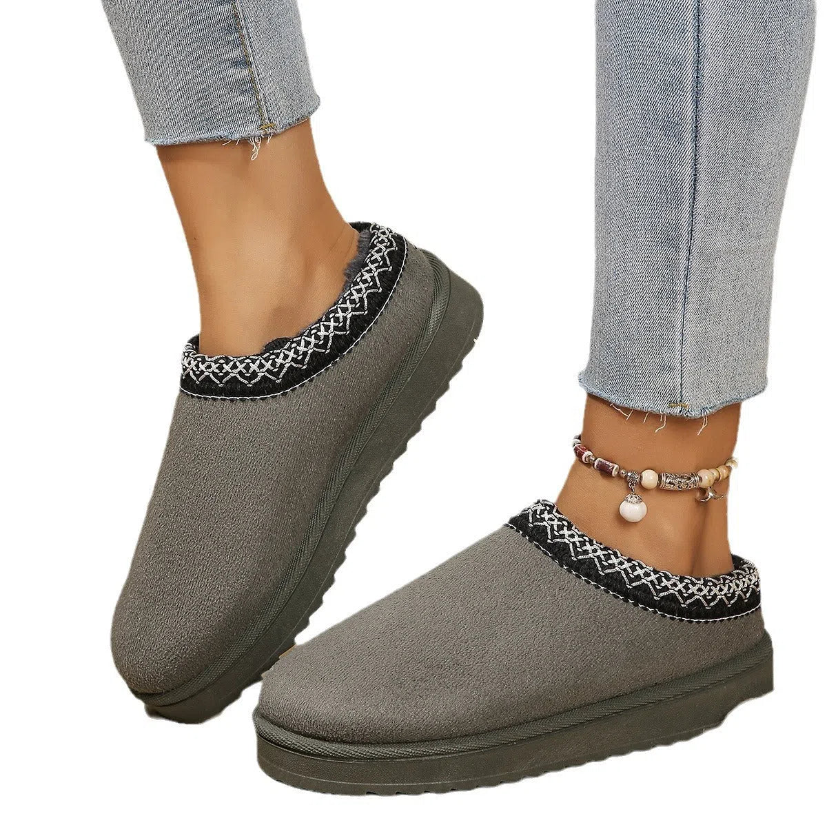 Women's half-slipper snow boots with faux fur lining, faux PU upper, and non-slip rubber sole in maroon.