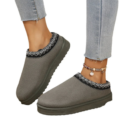 Women's half-slipper snow boots with faux fur lining, faux PU upper, and non-slip rubber sole in maroon.