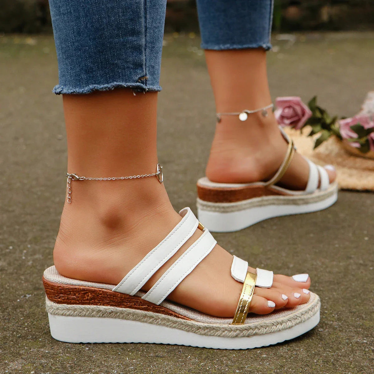 Stylish color block wedge sandals for women, featuring a unique design, comfortable wedge heel, and breathable hemp sole
