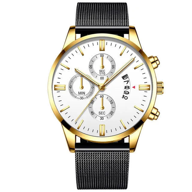 Men's stainless steel mesh band quartz watch with analog dial on a wrist.
