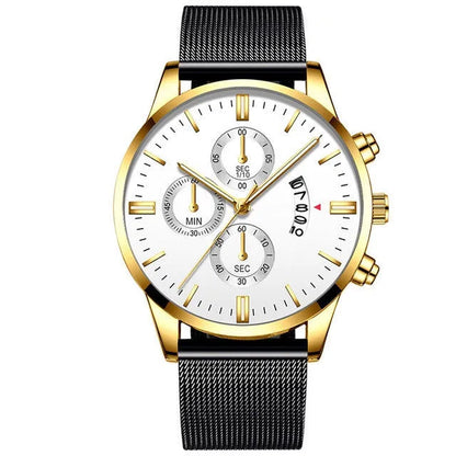Men's stainless steel mesh band quartz watch with analog dial on a wrist.
