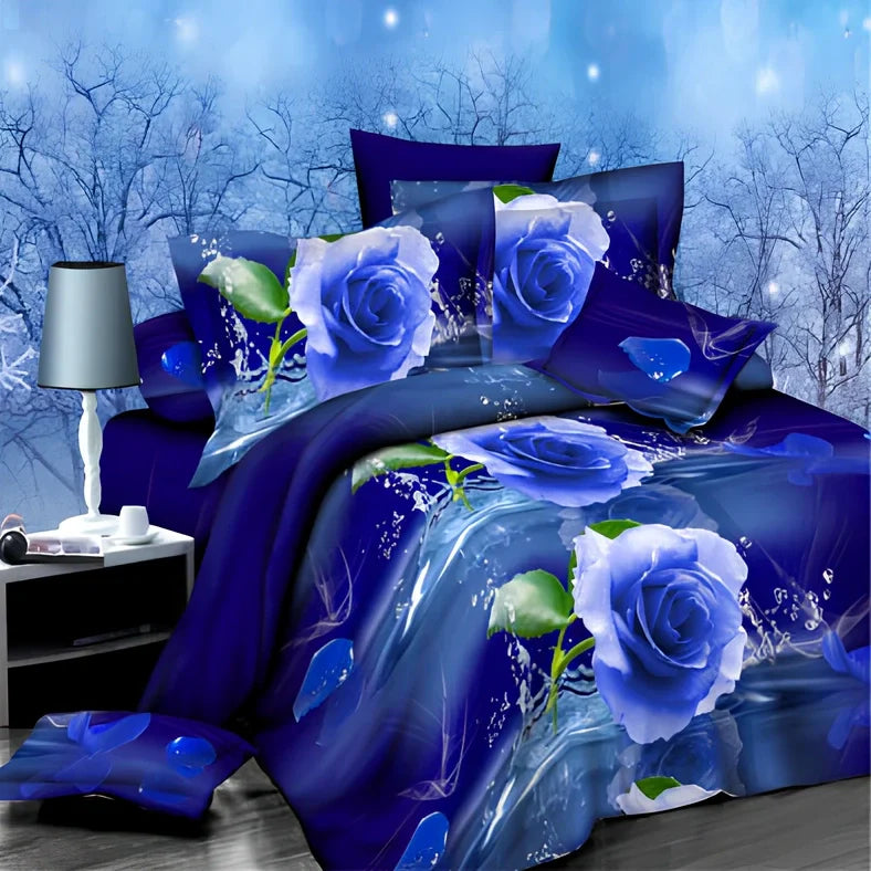 Brushed 3D floral four-piece bedding set in A Blue, showing 200x230cm quilt cover with raised pattern and matching pillowcases