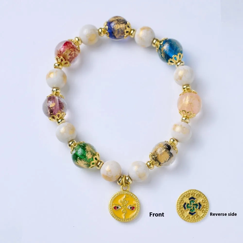 Handmade fragrant gray porcelain bracelet with five Gods of Wealth design in coloured glaze glass