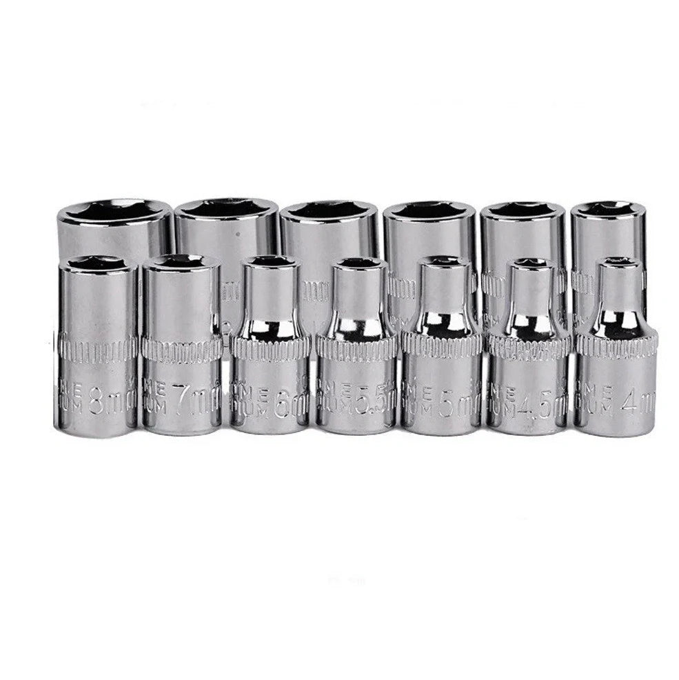 46 piece socket set with red case showing chrome vanadium steel sockets from 4mm-14mm and screwdriver bits
