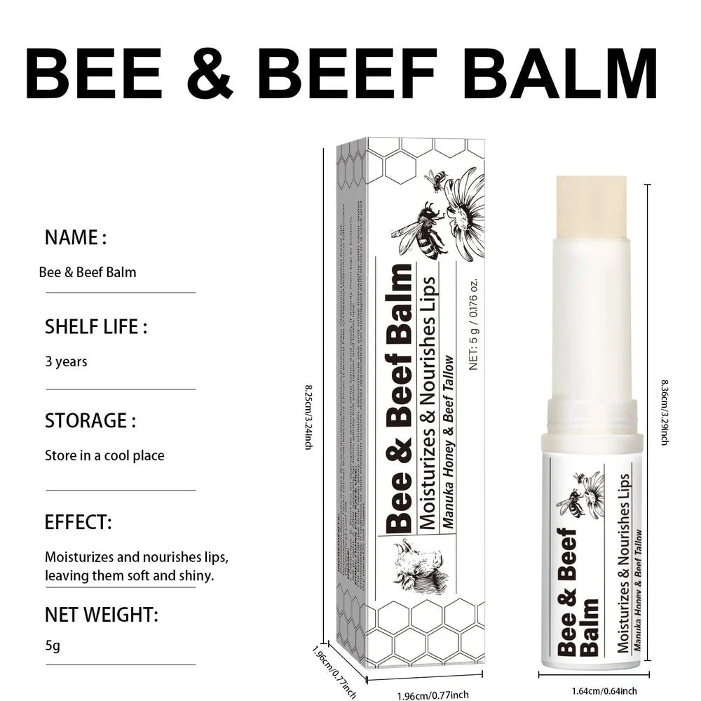 Beef fat lip balm tube showing 83mm length and 19mm diameter with organic grass-fed butter formula