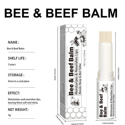 Beef fat lip balm tube showing 83mm length and 19mm diameter with organic grass-fed butter formula