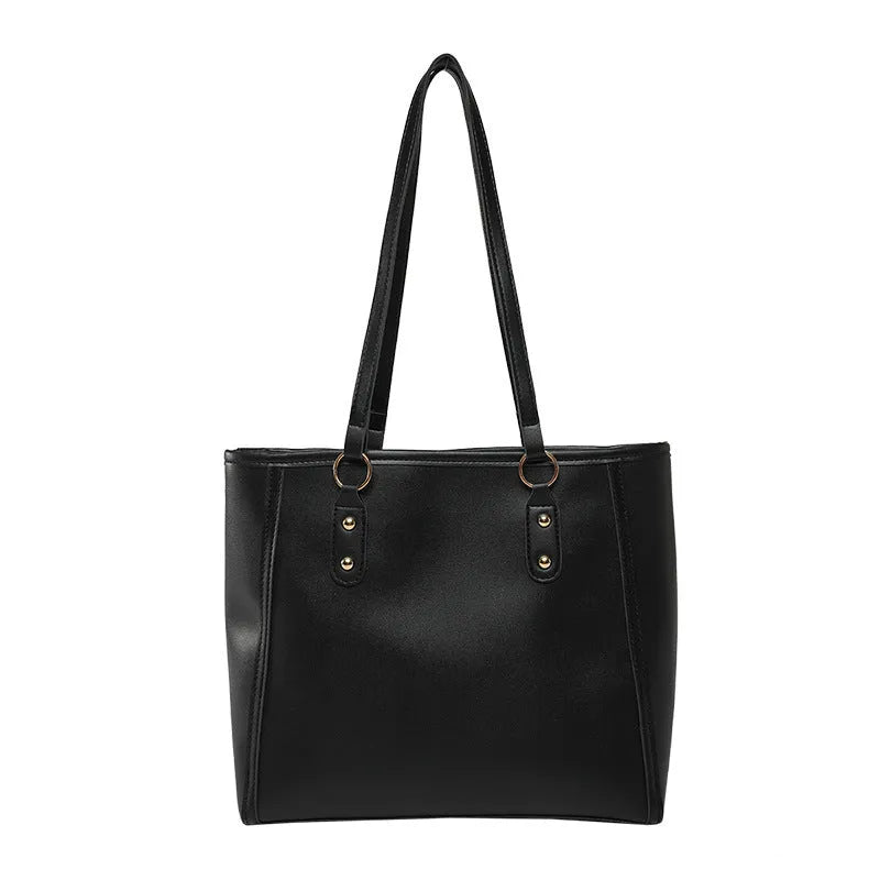 Korean style black PU leather shoulder underarm bag with a horizontal square shape and sandwich pocket.