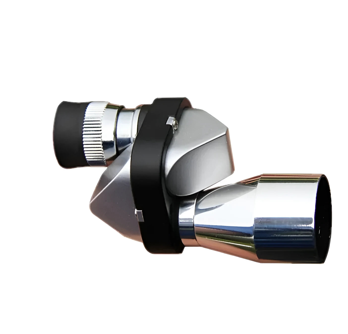 Compact silver aluminium alloy monocular with foldable eyecup on a canvas bag with lens cloth.