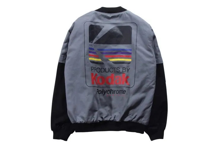 Hip hop style baseball jacket in grey or white with streetwear print, round neck, and side slit pockets.