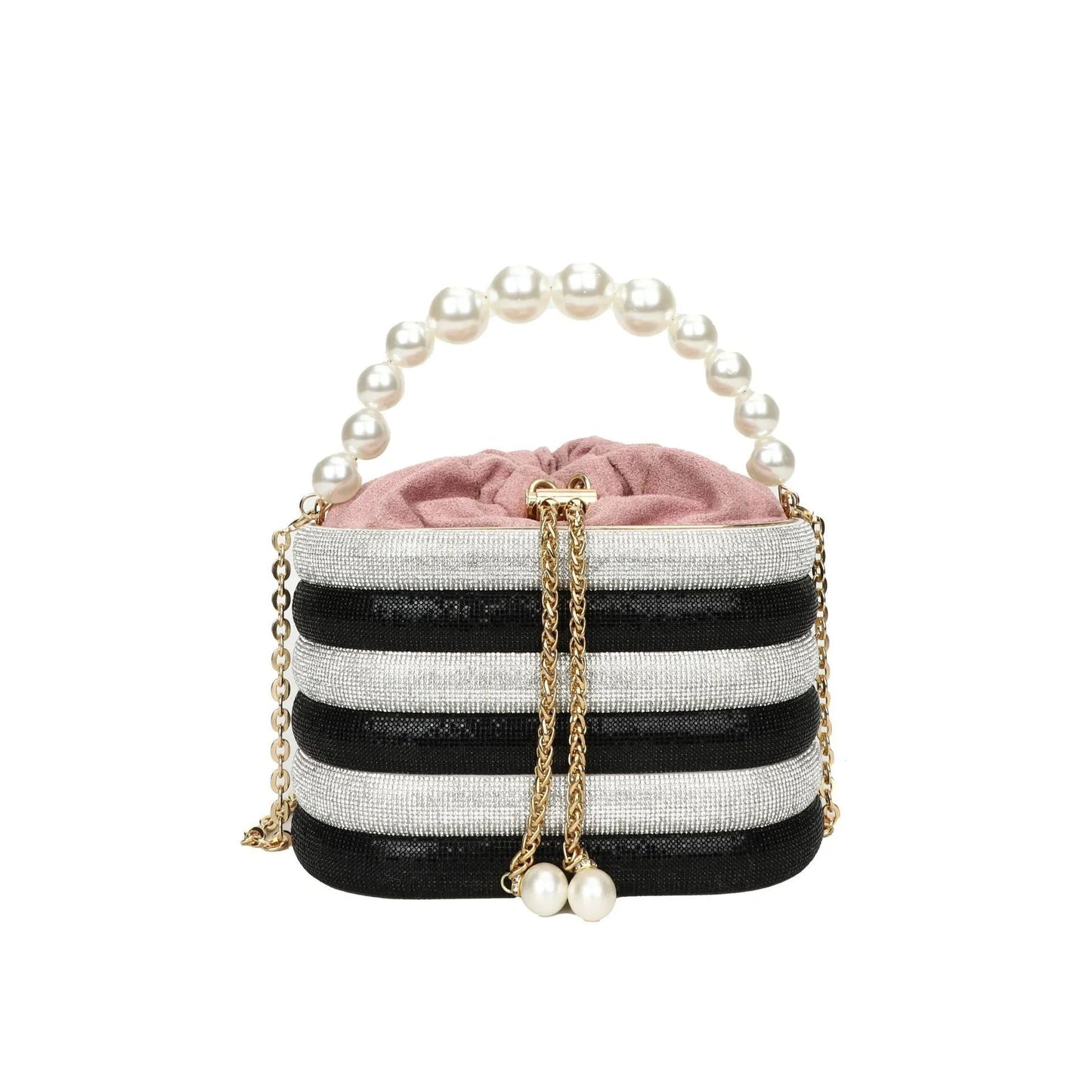 Women's one-shoulder crossbody bag with pearl beading, round shape, and internal zipper pocket in black colour