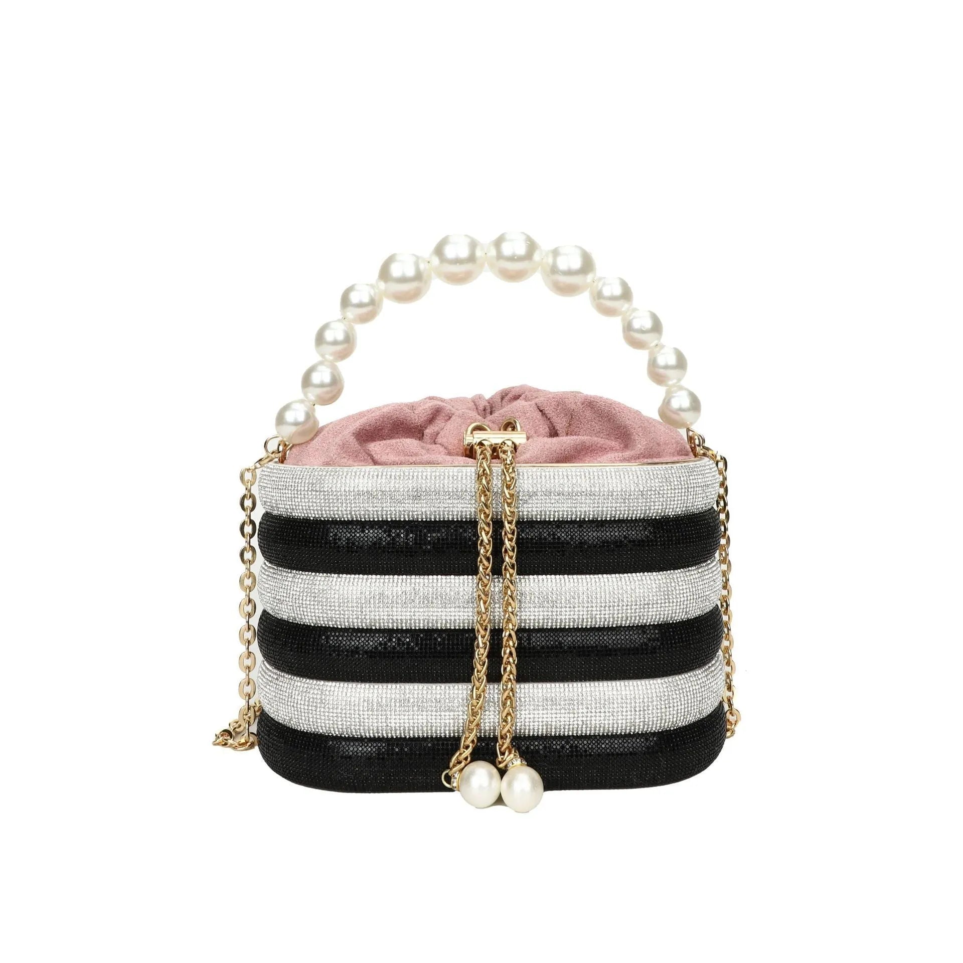 Women's one-shoulder crossbody bag with pearl beading, round shape, and internal zipper pocket in black colour