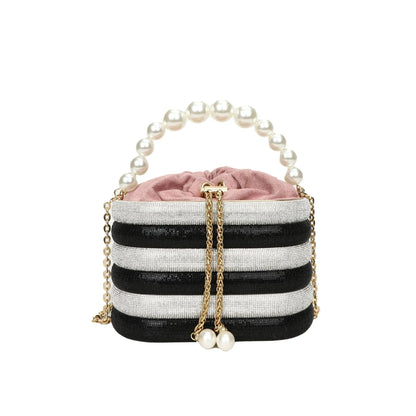 Women's one-shoulder crossbody bag with pearl beading, round shape, and internal zipper pocket in black colour